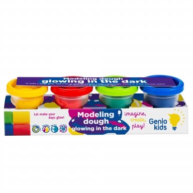 Genio Kids natūralus plastilinas - modelinas 4 šviečiančios tamsoje spalvos po 50 g Genio Kids natūralus plastilinas - modelinas 4 šviečiančios tamsoje spalvos po 50 g